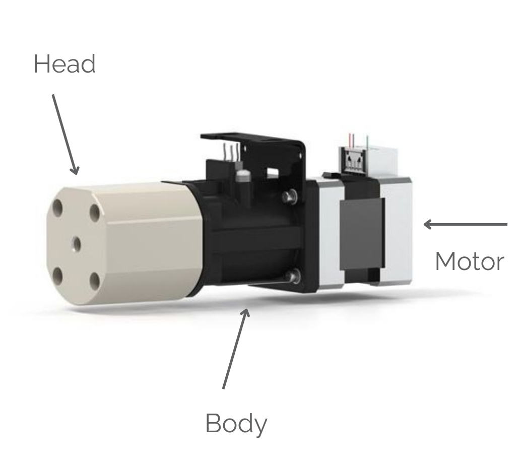 diagram to illustrate the head, body, and motor on a precision pump