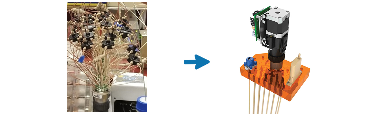 before: complex flow path, after: simplified flow path of valve manifold assembly